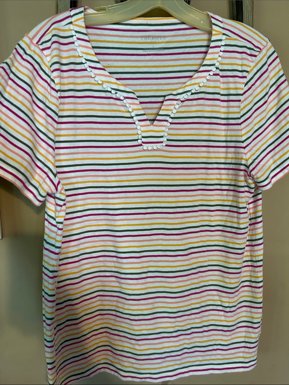 Talbots-Striped Short-Sleeve Scoop Notch Top in Multi-Color 100 cotton